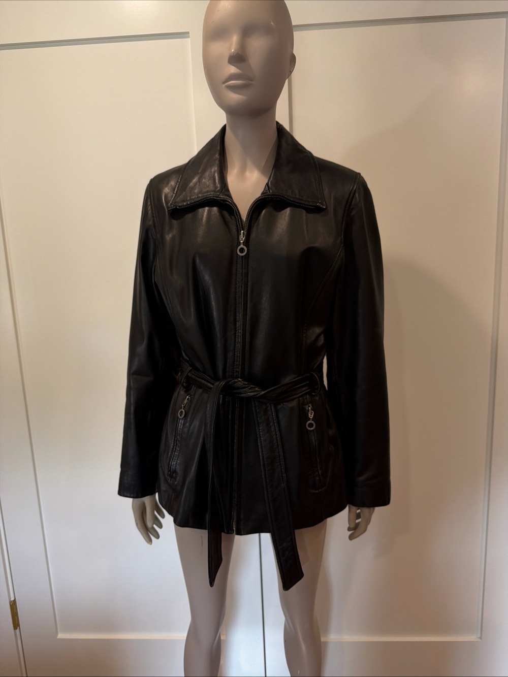Vintage Classic Black Leather Belted Jacket for Women